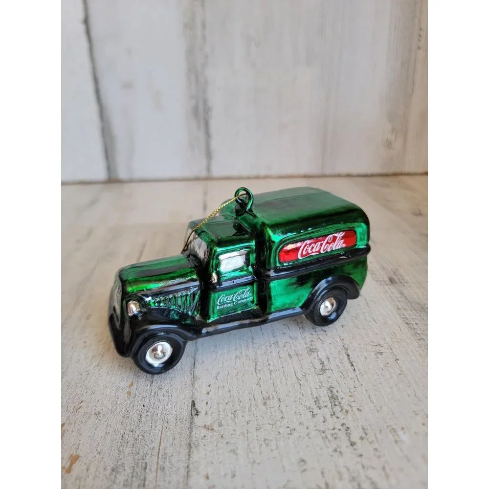Vintage green Coca-Cola blown glass delivery car‎ van ornament Xmas